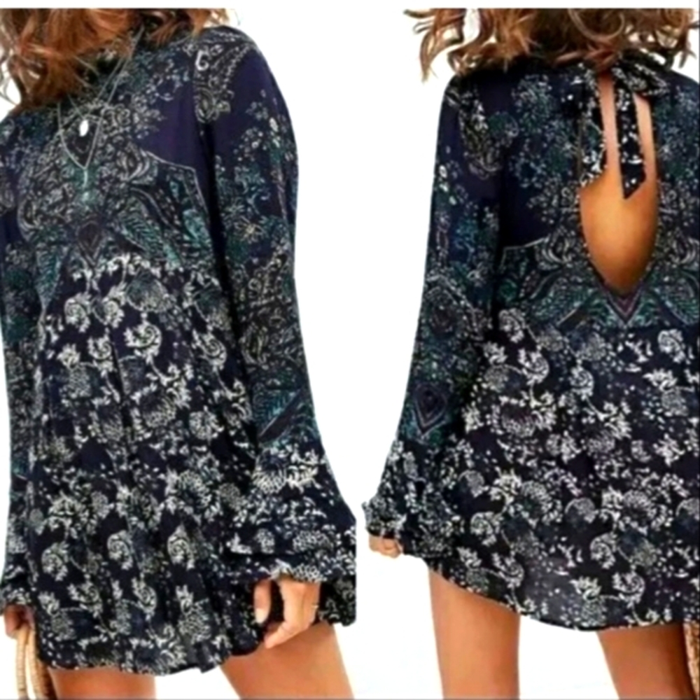 Free People Women's Lady Luck‎ Printed Long Bell Sleeve Tunic Dress   Sz M